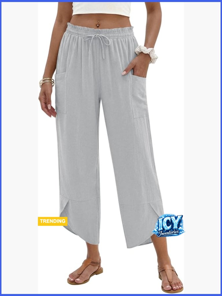 Linen Rayon Wide Leg Palazzo Pants Elastic Waist With Pockets Boho Harem Capri